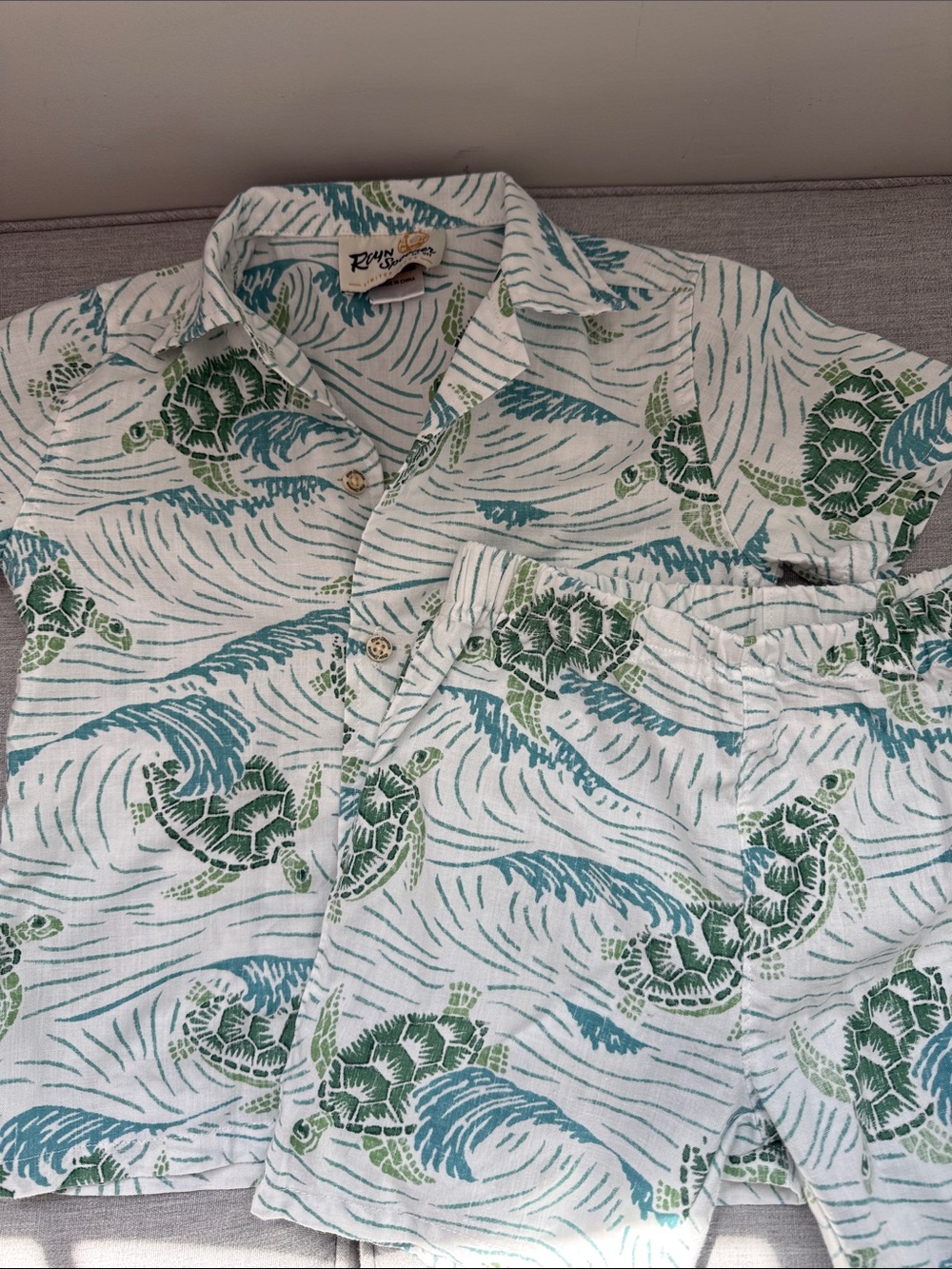reyn spooner White with Green & Blue Sea Turtle Print Matching Set EUC